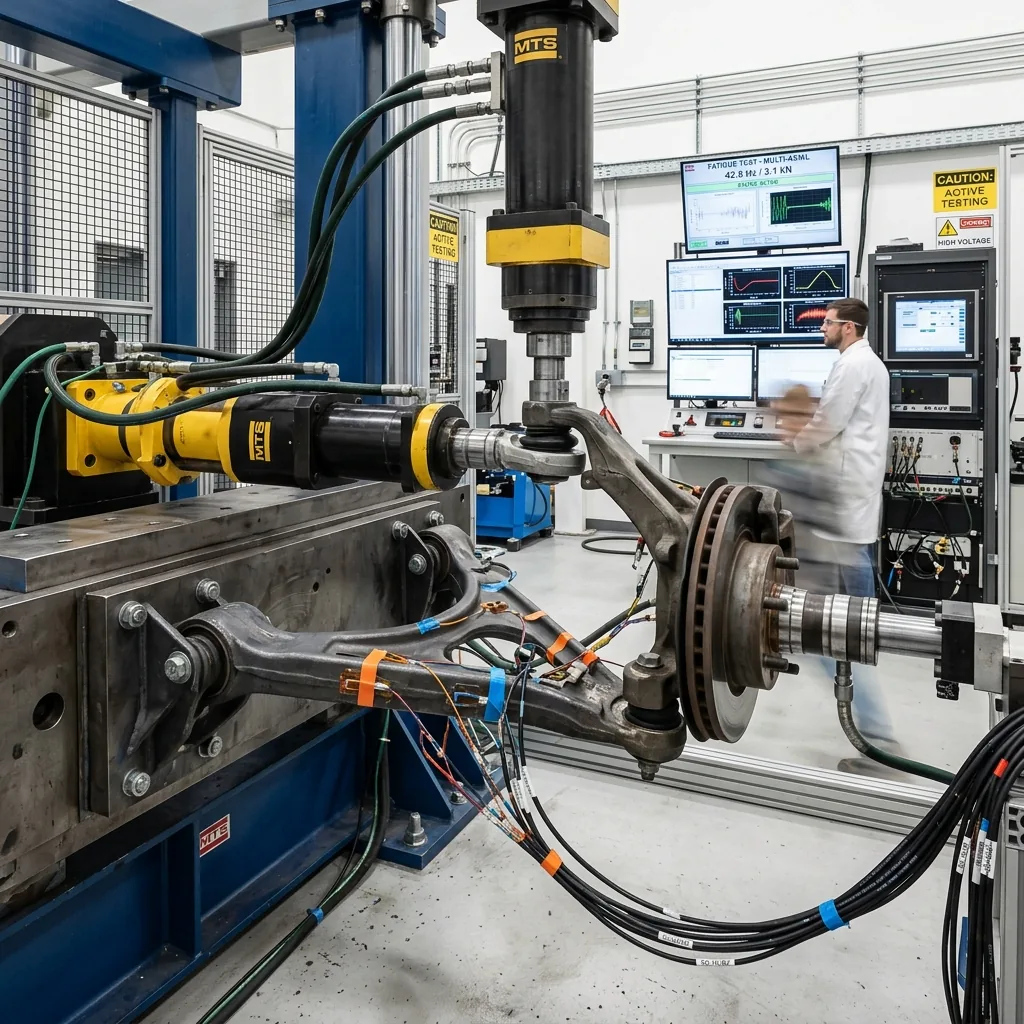 Automotive suspension control arm mounted in dynamic road load simulator fatigue test rig