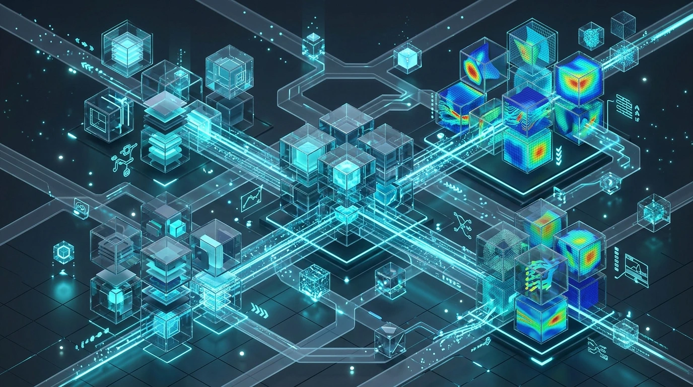 Interconnected CAD-CAE Software Ecosystem Glass Isometric Hub