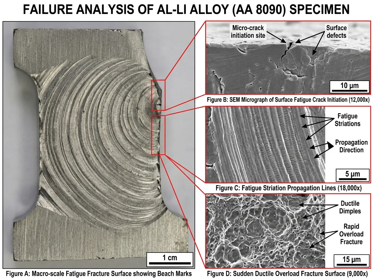 Metallurgical cross-section and SEM micrograph of fatigue beach marks and crack propagation