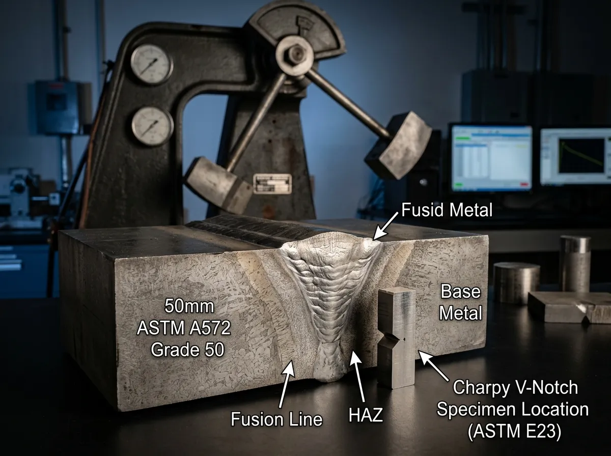 Structural steel weld joint and Charpy V-notch fracture toughness test specimen