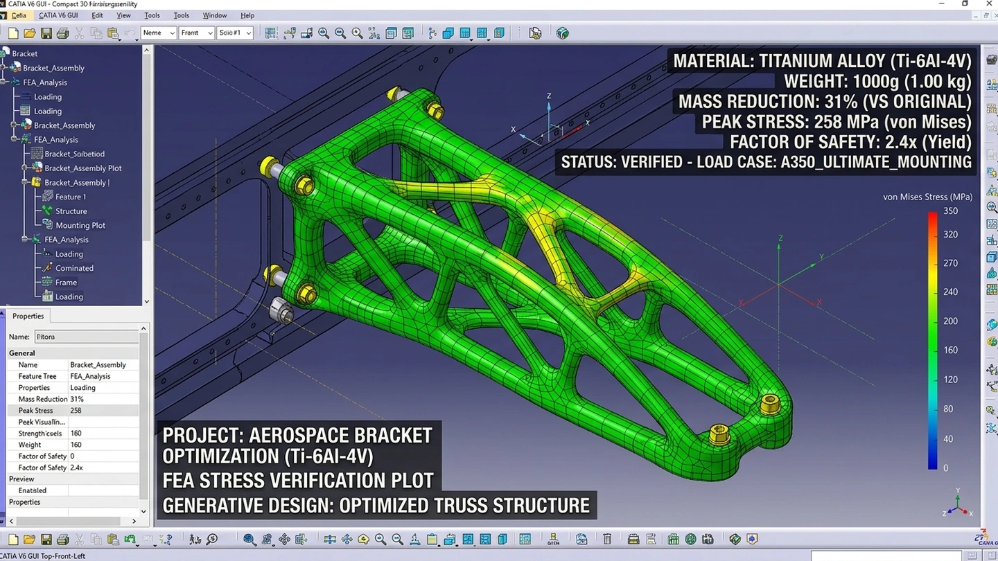 Optimized Lightweight Aerospace Bracket (1000g, 31% Mass Reduction) FEA Stress Verification