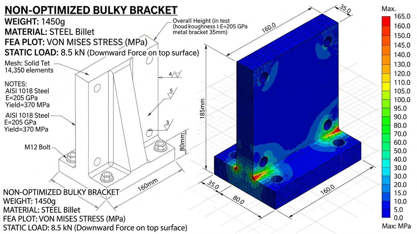 Original Non-Optimized Solid Billet Heavy Bracket (1450g) FEA Stress Plot