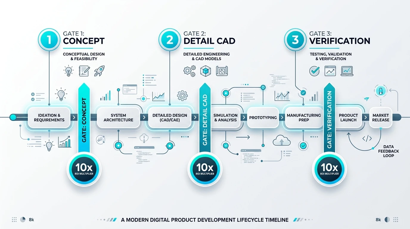 Interactive product development timeline with simulation gate markers