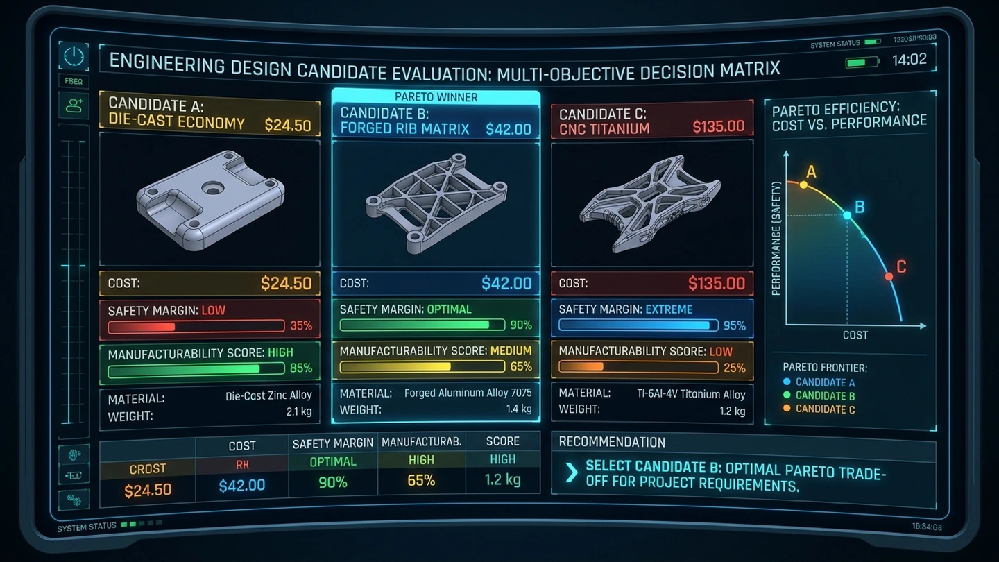 Engineering Multi-Objective Decision Matrix Candidate Evaluation and Pareto Efficiency