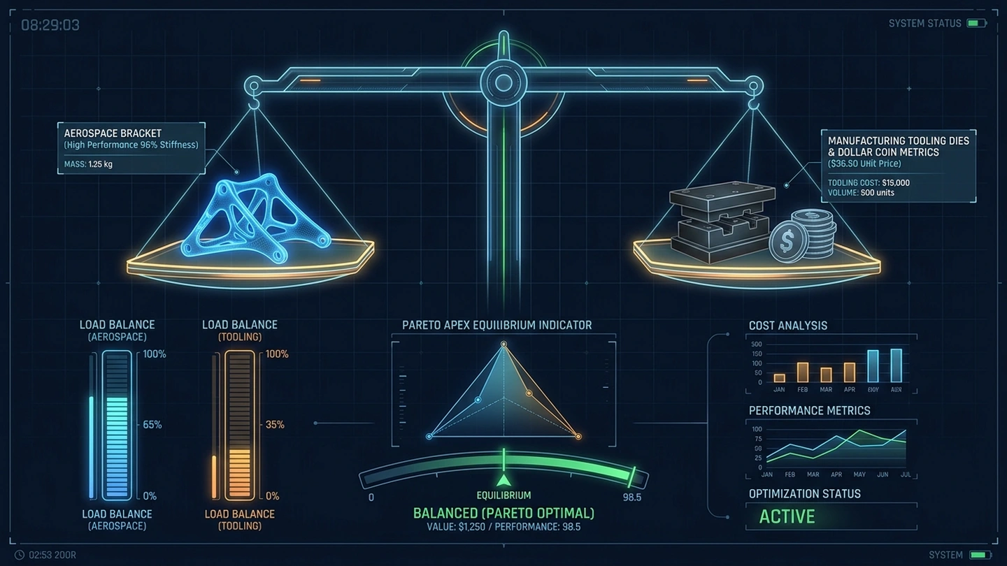 Digital Engineering Balance Scale Showing Balanced Pareto Optimal Performance vs Cost