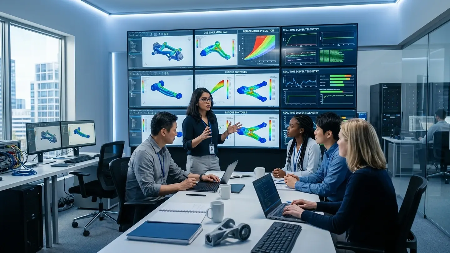 Engineering Team Reviewing Advanced CAE Performance Prediction Analytics
