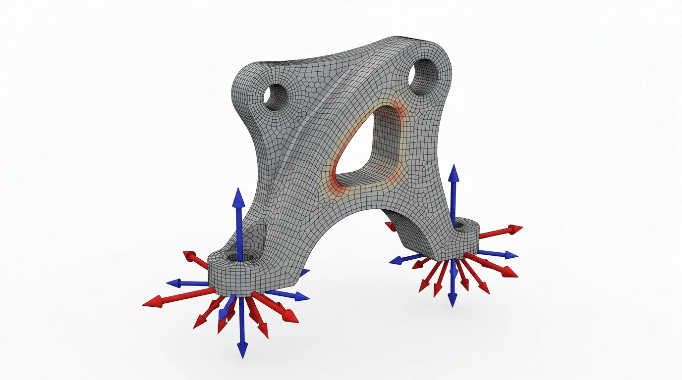 3D Finite Element Mesh Wireframe with Reaction Force Equilibrium Vectors