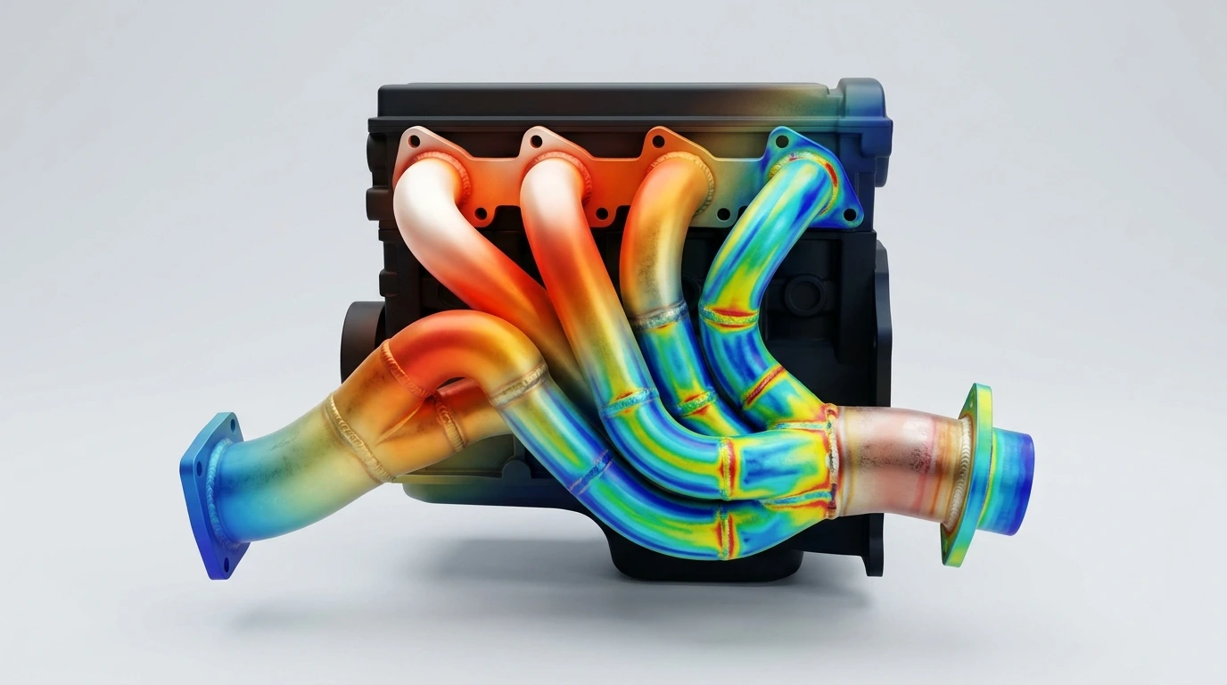 Automotive Exhaust Manifold Showing Combined Thermal Gradient and Mechanical Stress Contours