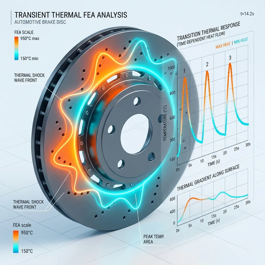 Transient Thermal FEA Analysis graph showing thermal shock wave and time-series heat flow