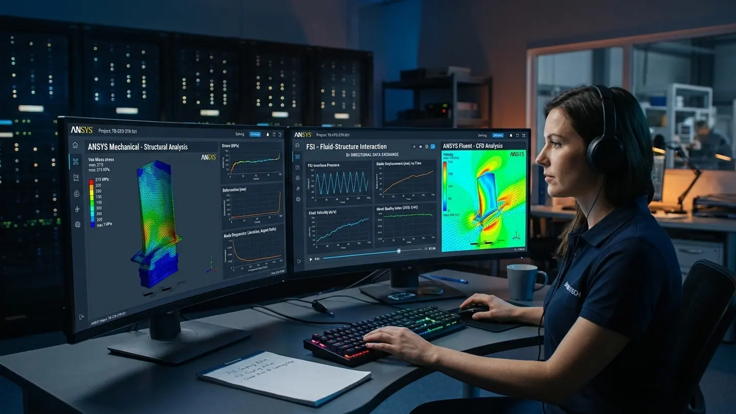 Engineer Reviewing Multi-Screen Simulation Results and Solver Stack